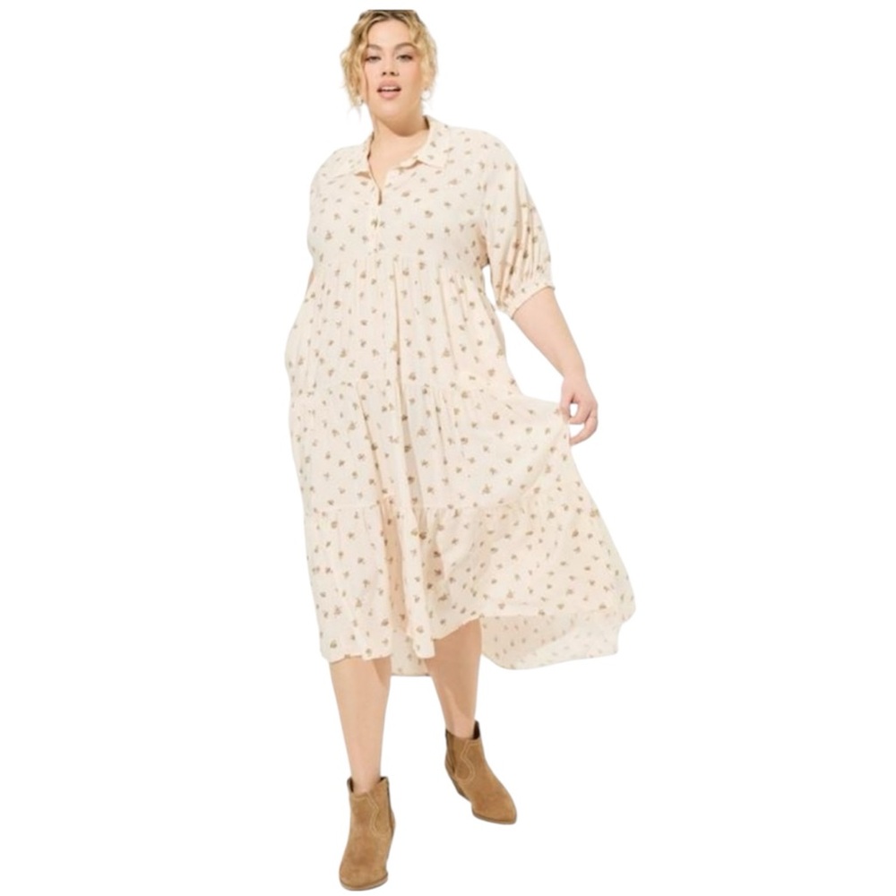 Torrid Cream Ditsy Floral Button Challis Tiered Hi-Low Relaxed Maxi Dress NWT 1X